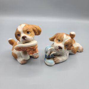 Homco Puppies Shoes Spaniels Lot of 2 Brown White Figurines #1405 Vtg Ceramic